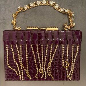 Burgundy Croc-Embossed Clutch with Gold Accents